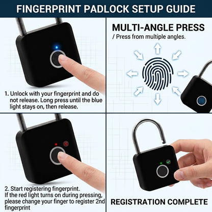 Smart Fingerprint Padlock Keyless Biometric Metal Lock for Gym Locker & Gate USB-C