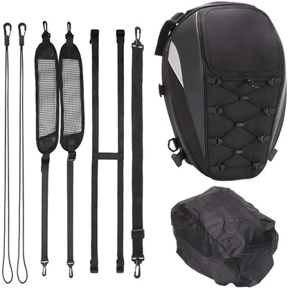 Expandable Motorcycle Tail Bag & Helmet Backpack – 2-in-1 Rigid Seat Bag with Waterproof Cover