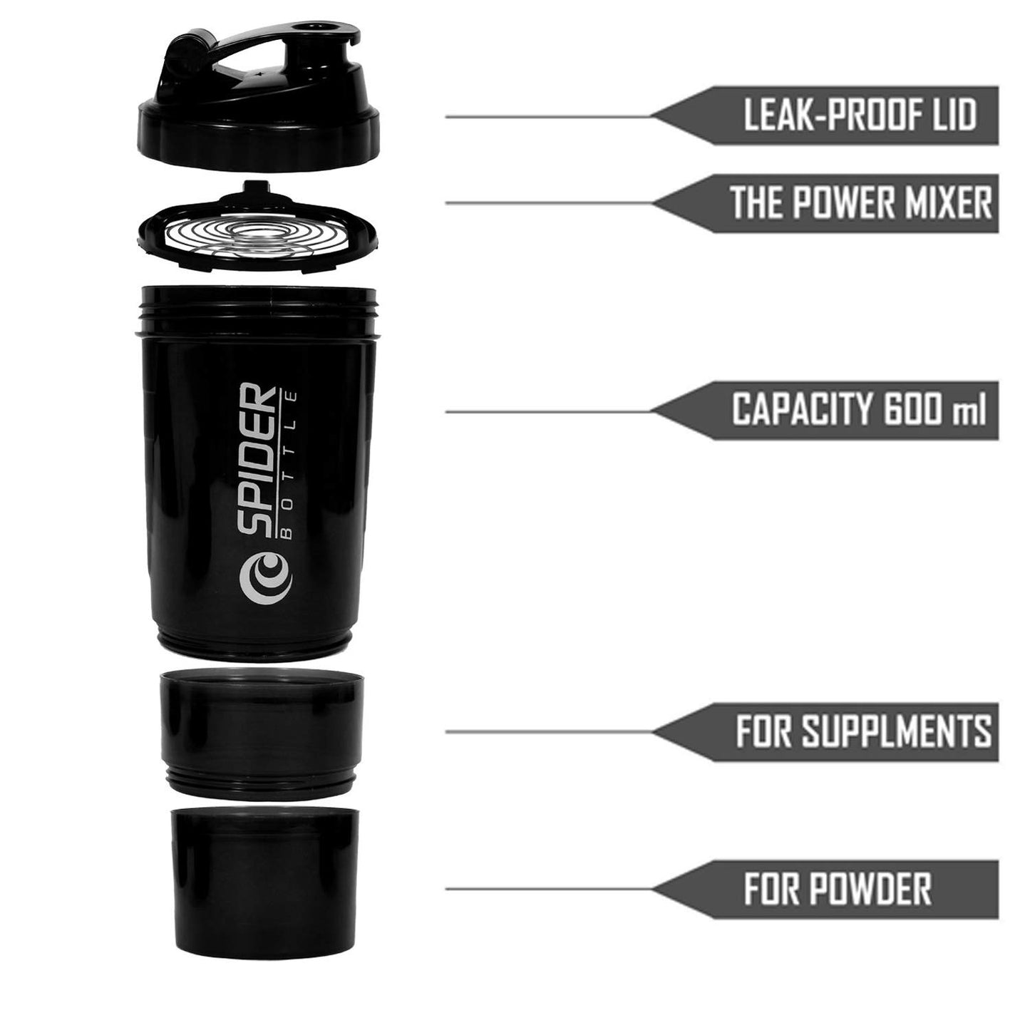 Spider 3-Layer Protein Shaker (600ml) – The "No-Lump" Mixer with Built-in Supplement Storage
