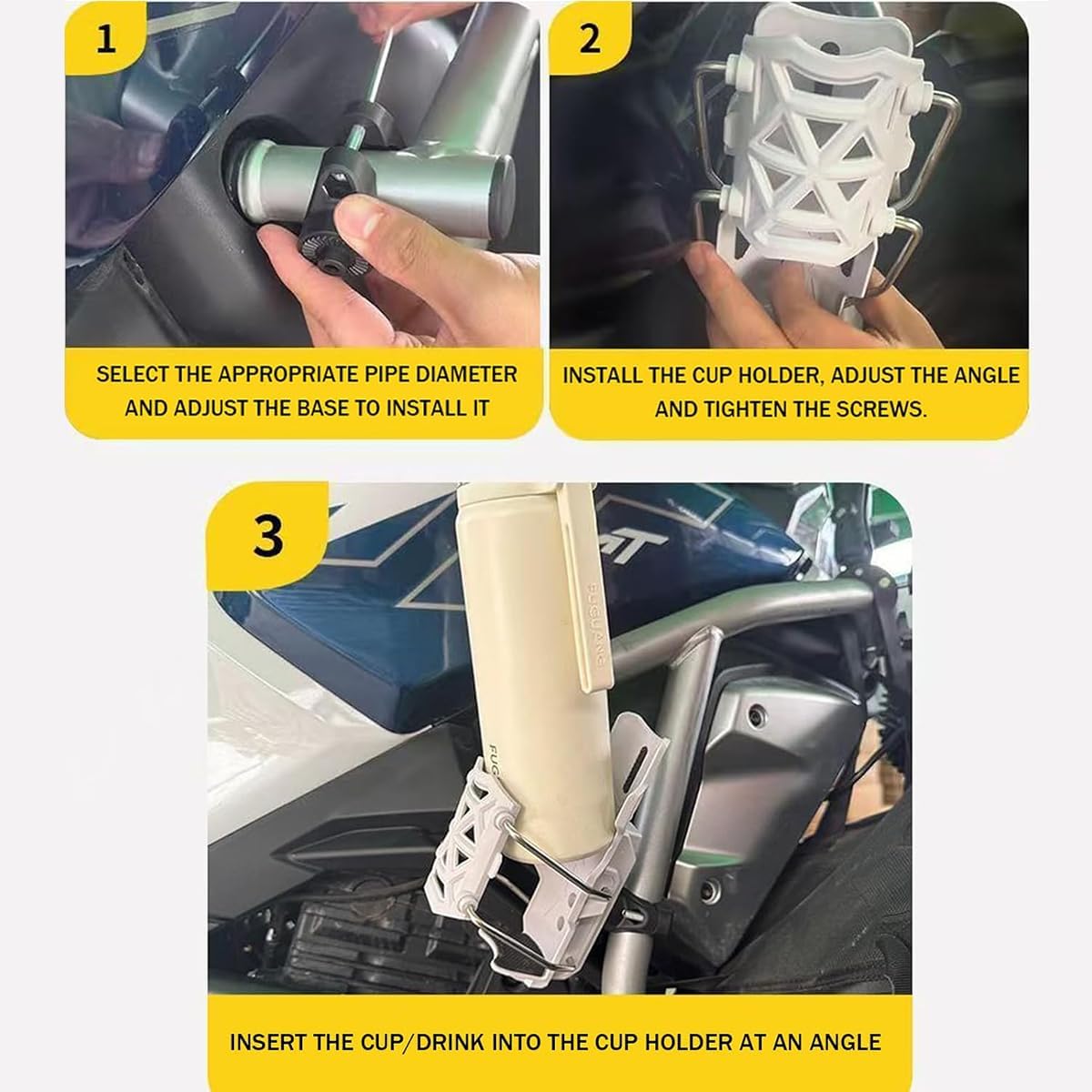 T2P Motorcycle Cup Holder | Auto-Clamp Handlebar Water Bottle Mount for Bicycles Prams and Wheelchairs