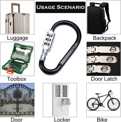 Heavy-Duty Alloy Carabiner Combination Lock 3-Digit Keyless Security Helmets, Backpacks & Gear