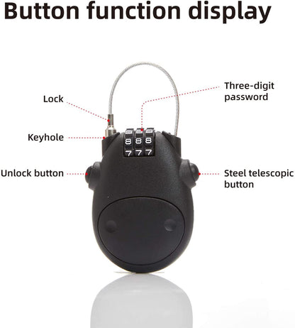 Retractable Mini Cable Lock – 3-Digit Combination, 80cm Steel Wire | Secure Helmets, Bicycles, Strollers & Luggage