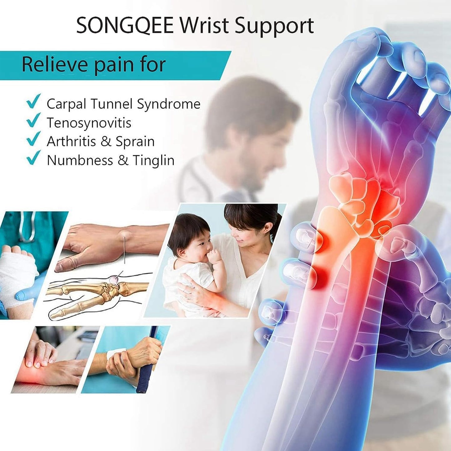 Breathable Wrist Brace - Carpal Tunnel & Night Sleep Support with Metal Splint