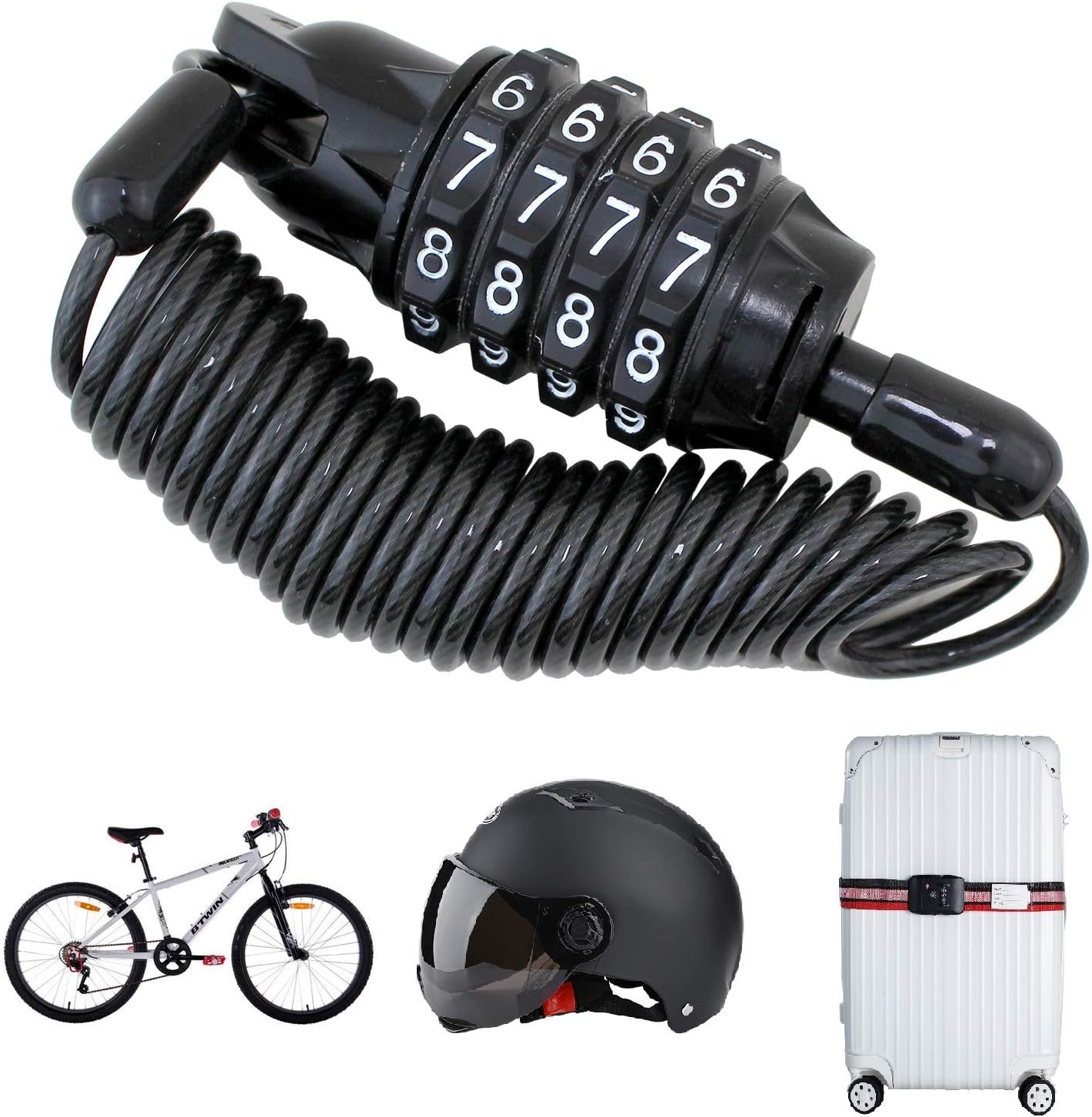 Portable Motorcycle Helmet Lock | 150cm Stretchy Combination Cable Lock | Anti-Theft Wire Lock for Bicycles, Strollers & Luggage