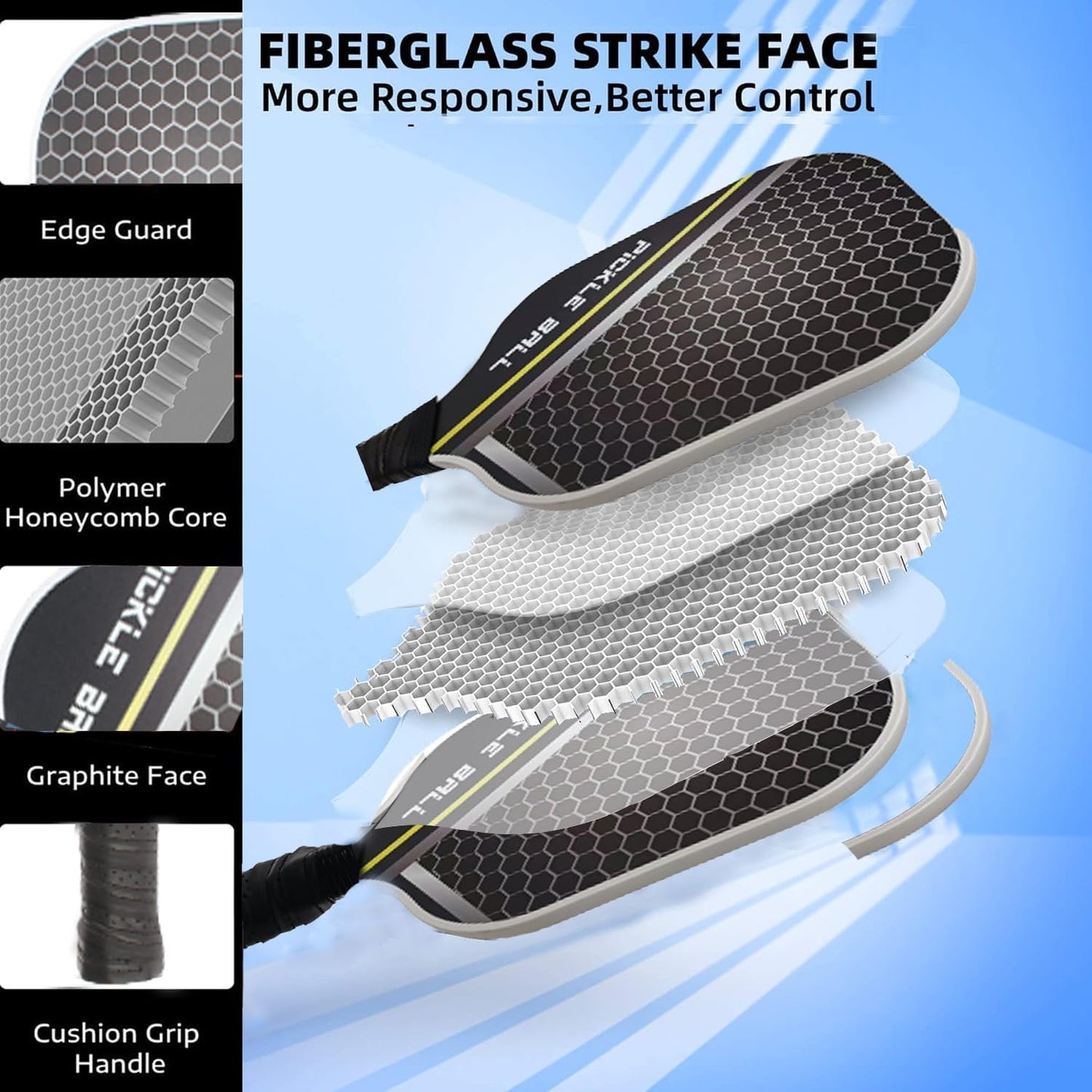 Beginners Elite Pickleball Paddle – 225g Lightweight Fiberglass Racquet with Noise-Reducing Honeycomb Core
