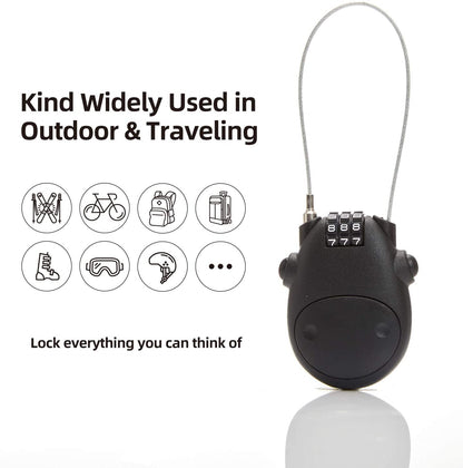Retractable Mini Cable Lock – 3-Digit Combination, 80cm Steel Wire | Secure Helmets, Bicycles, Strollers & Luggage