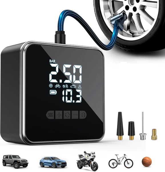 Portable Electric Air Pump  – Cordless Tire Inflator for Car, Motorcycle & Bike | 2000mAh Power Bank & LED