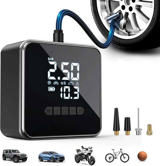 Portable Electric Air Pump  – Cordless Tire Inflator for Car, Motorcycle & Bike | 2000mAh Power Bank & LED