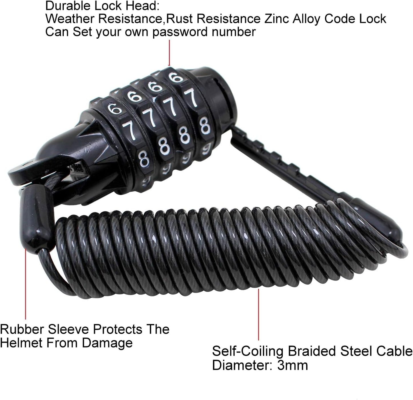 Portable Motorcycle Helmet Lock | 150cm Stretchy Combination Cable Lock | Anti-Theft Wire Lock for Bicycles, Strollers & Luggage