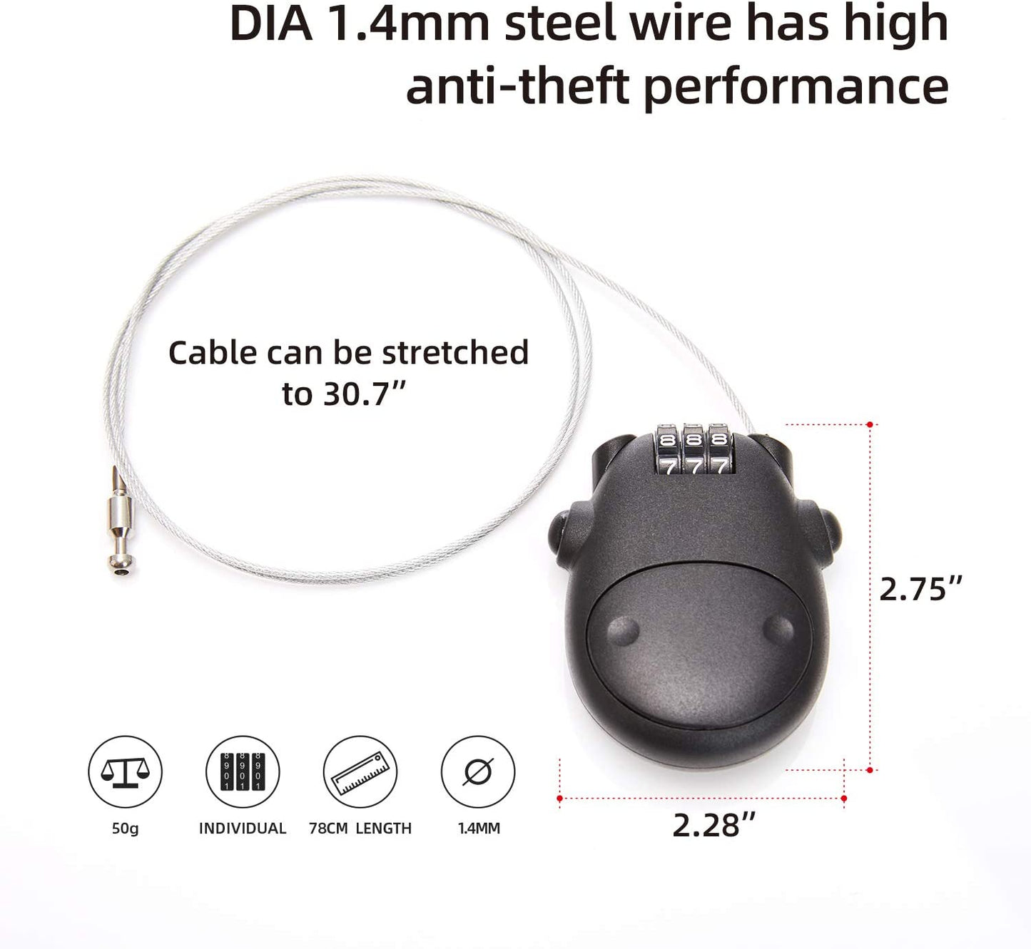 Retractable Mini Cable Lock – 3-Digit Combination, 80cm Steel Wire | Secure Helmets, Bicycles, Strollers & Luggage