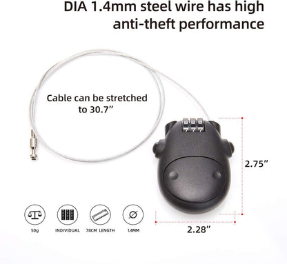 Retractable Mini Cable Lock – 3-Digit Combination, 80cm Steel Wire | Secure Helmets, Bicycles, Strollers & Luggage
