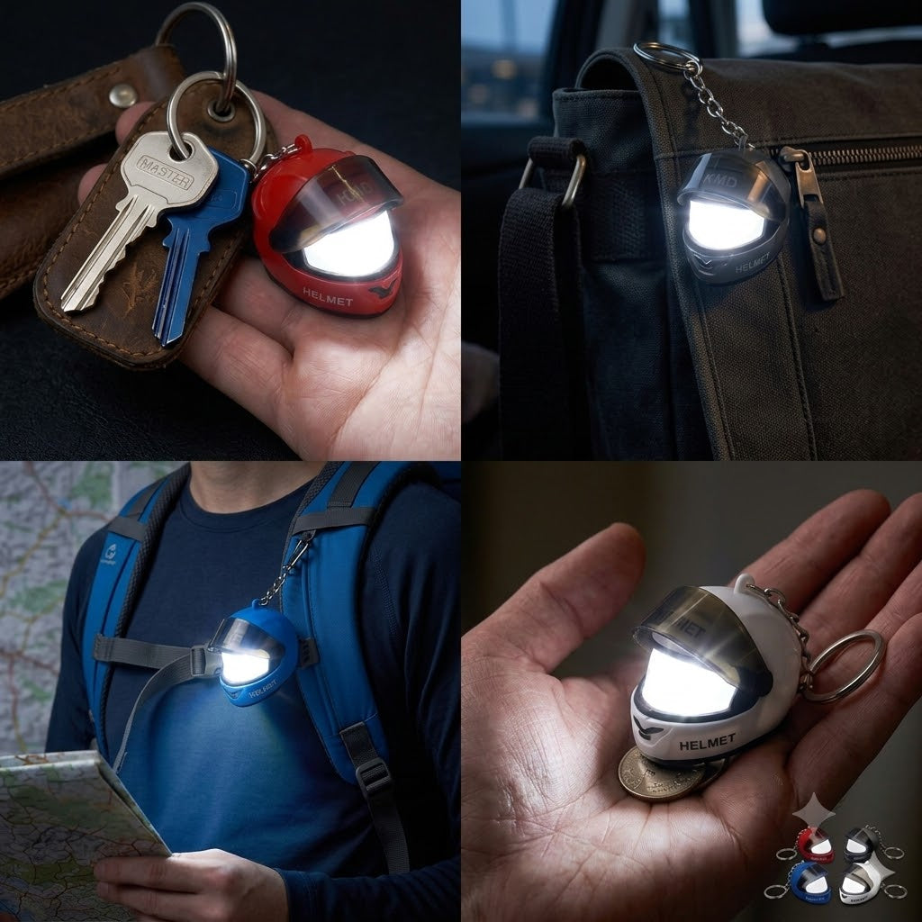 LED Motorcycle Helmet Keychain & Mini Flashlight – Creative Flip-Visor Keyring & Bag Night Light