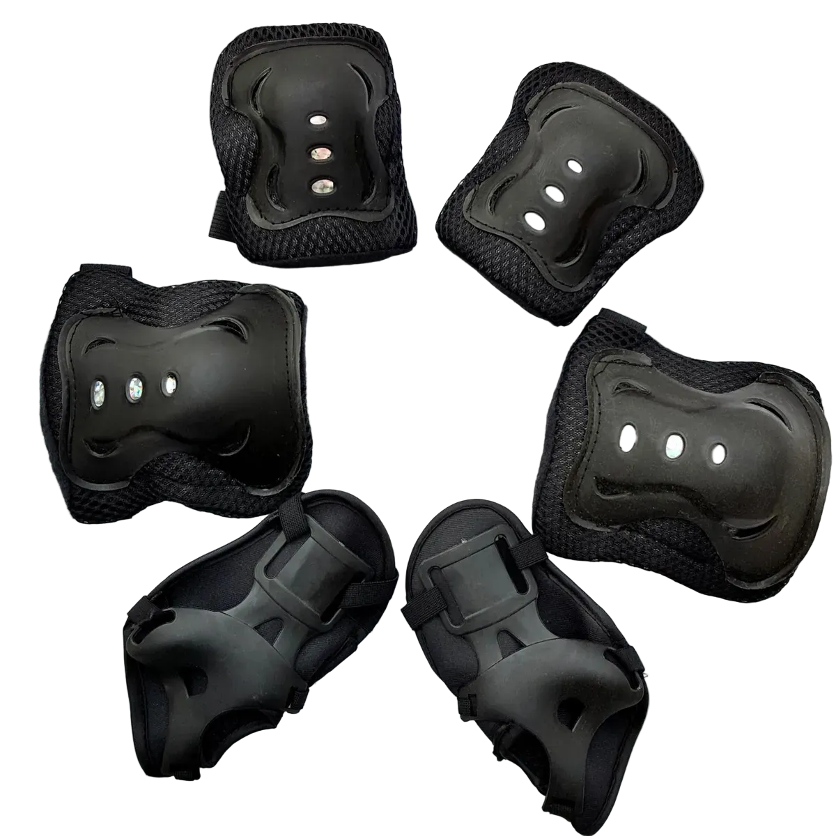 Set of black protective knee and elbow pads on a white background