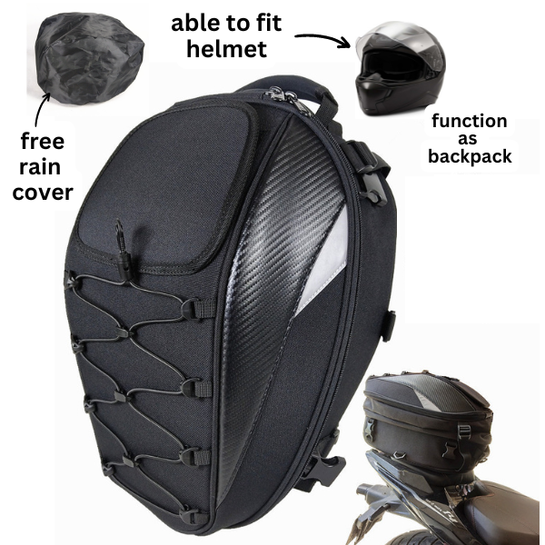 Expandable Motorcycle Tail Bag & Helmet Backpack – 2-in-1 Rigid Seat Bag with Waterproof Cover