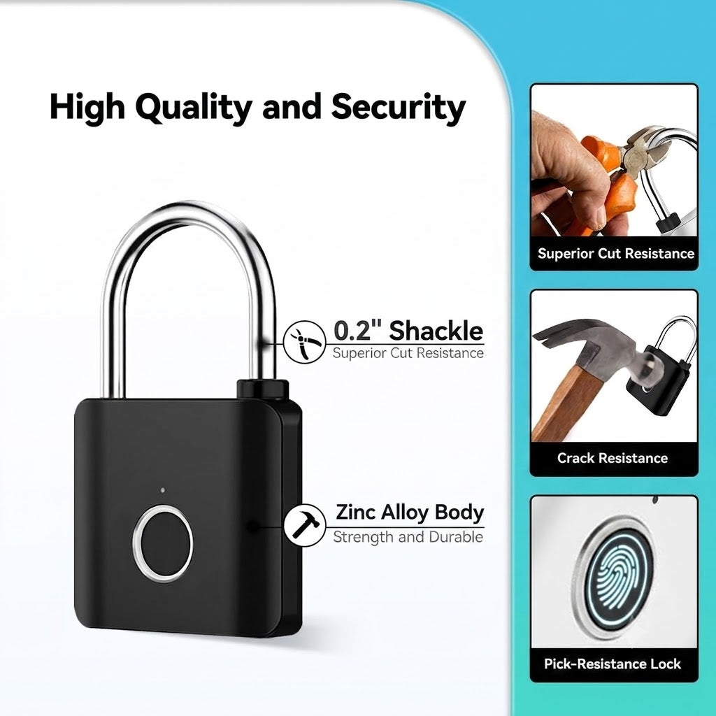 Smart Fingerprint Padlock Keyless Biometric Metal Lock for Gym Locker & Gate USB-C