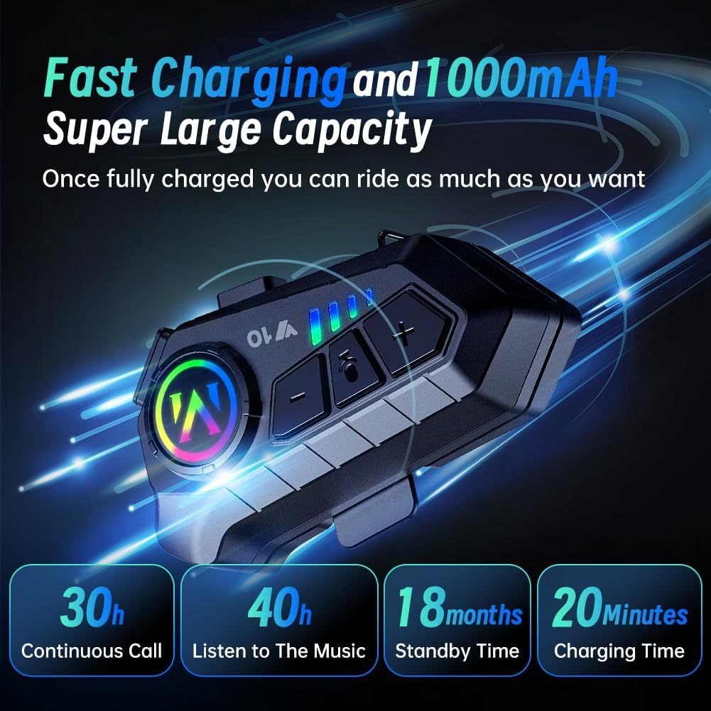 Y10-2X Motorcycle Bluetooth 5.3 Headset – IPX6 Waterproof Intercom with 40mm Graphene Speakers & 32H Battery