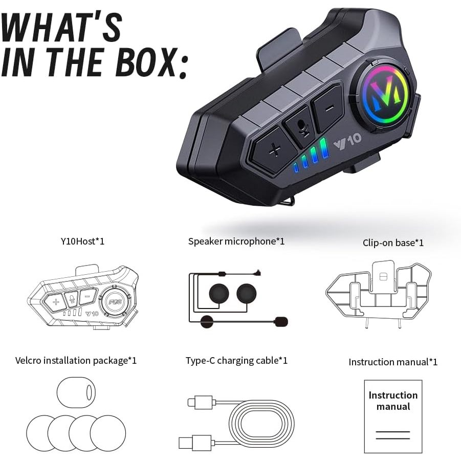 Y10-2X Motorcycle Bluetooth 5.3 Headset – IPX6 Waterproof Intercom with 40mm Graphene Speakers & 32H Battery