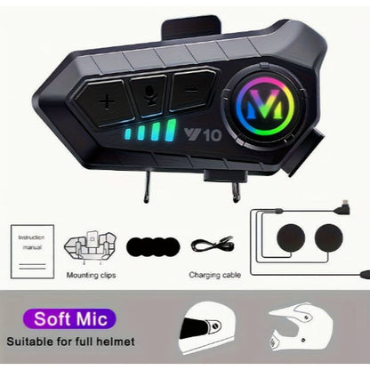 Y10-2X Motorcycle Bluetooth 5.3 Headset – IPX6 Waterproof Intercom with 40mm Graphene Speakers & 32H Battery