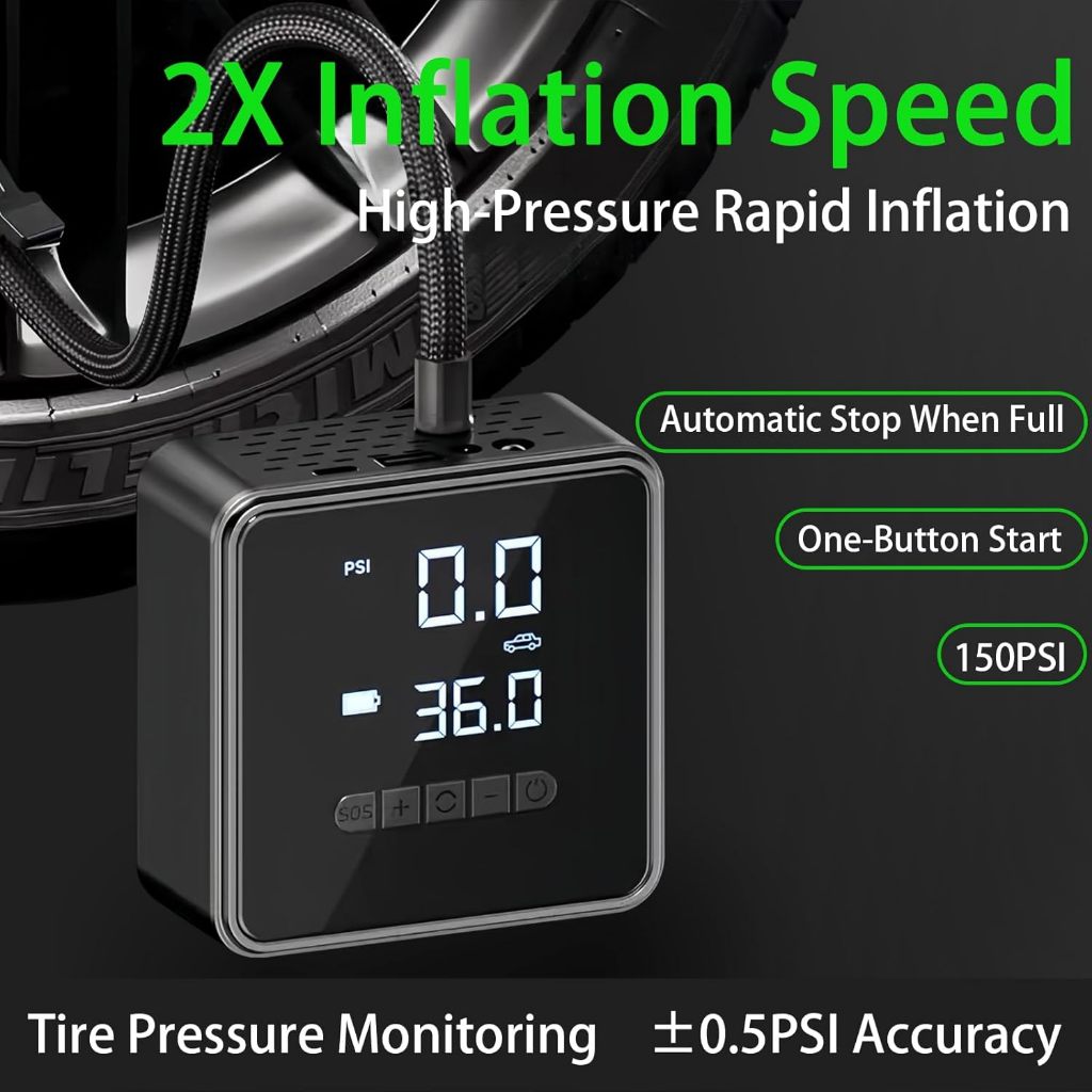 Portable Electric Air Pump  – Cordless Tire Inflator for Car, Motorcycle & Bike | 2000mAh Power Bank & LED
